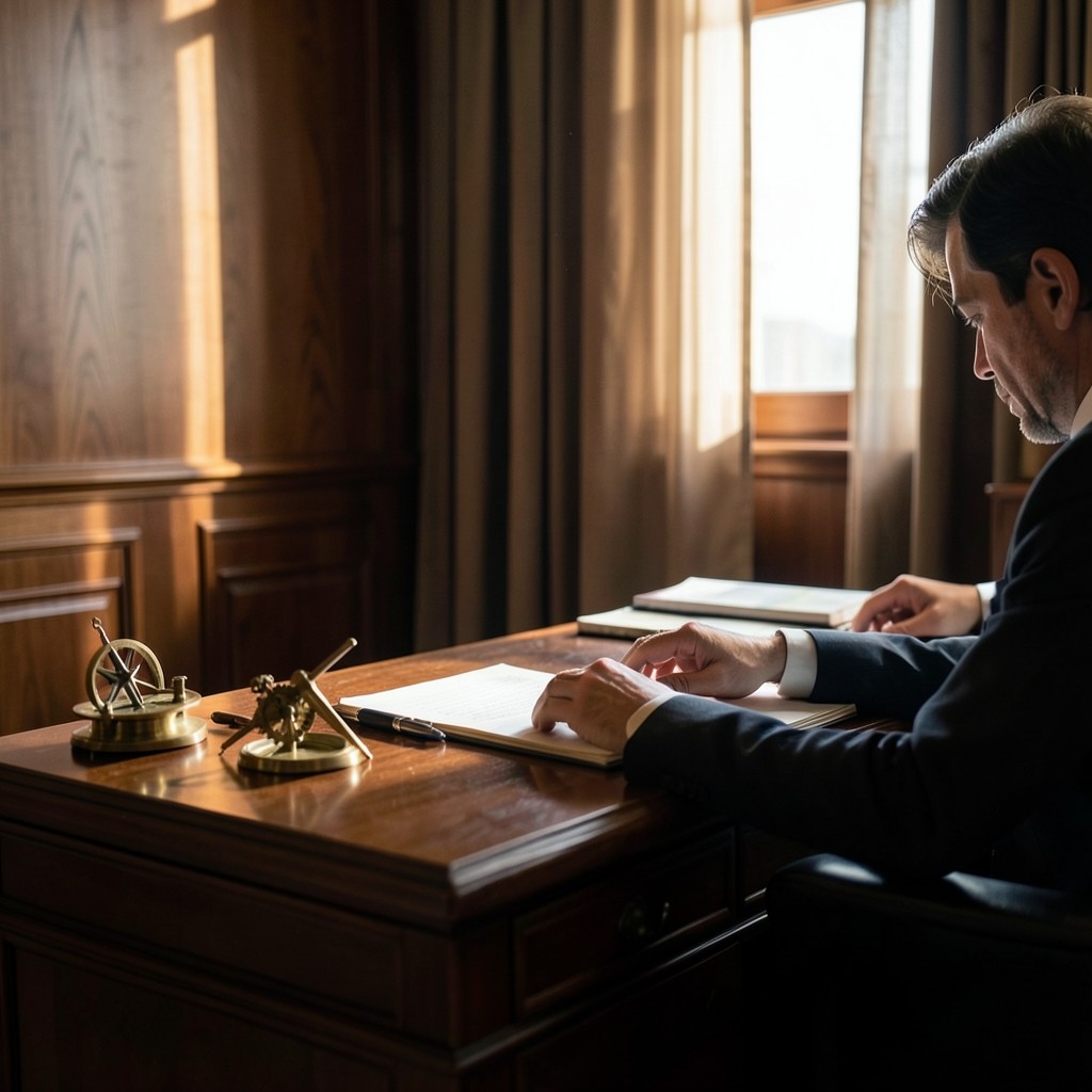 Consultor laboral revisando expediente de despido en despacho de madera con detalles de latón