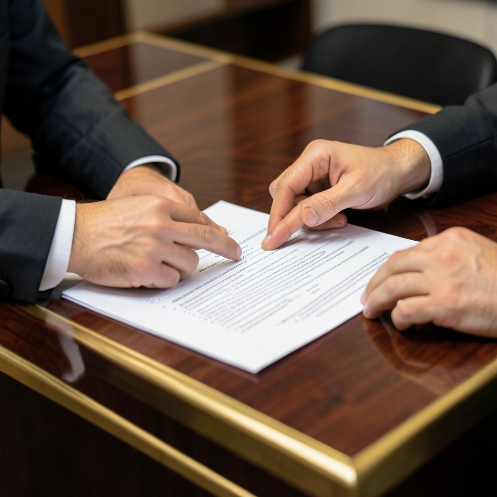 Dos personas revisando un borrador de acuerdo laboral en mesa de reuniones