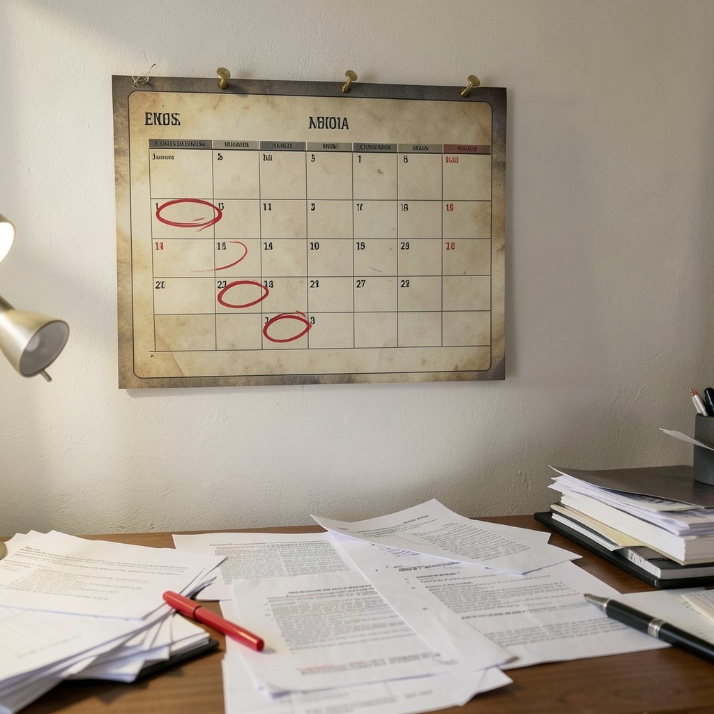 Calendario de pared con fechas señaladas en rojo sobre documentos laborales