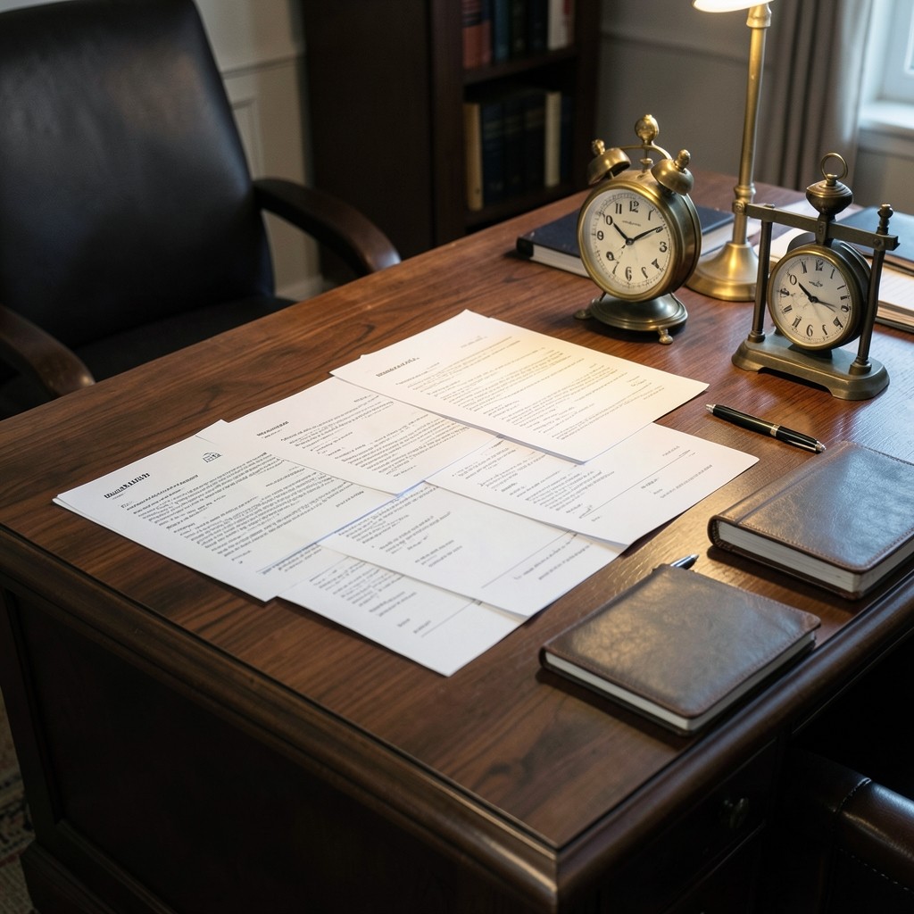 Despacho de consultoría laboral con documentos de despido y reloj de precisión sobre mesa de nogal