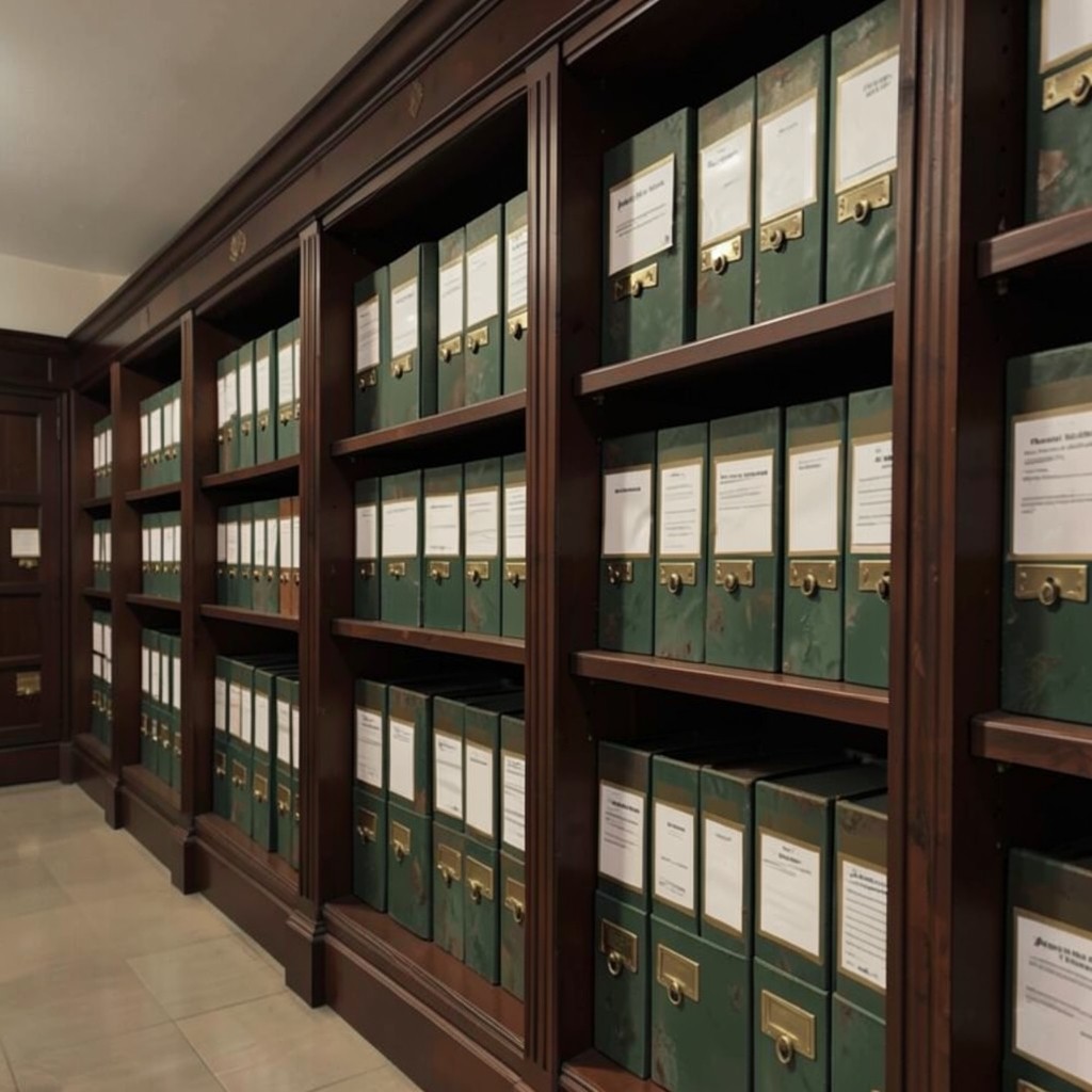 Archivo de expedientes laborales organizados en estantería de madera con etiquetas