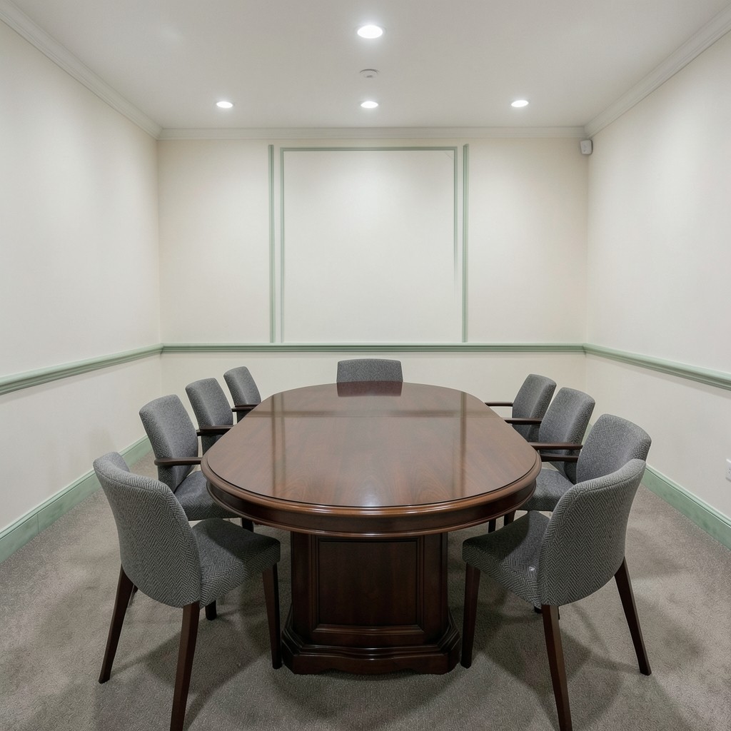 Sala de conciliación laboral con mesa ovalada y sillas vacías