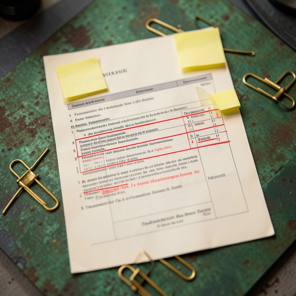 Finiquito laboral con subrayados y notas adhesivas sobre escritorio